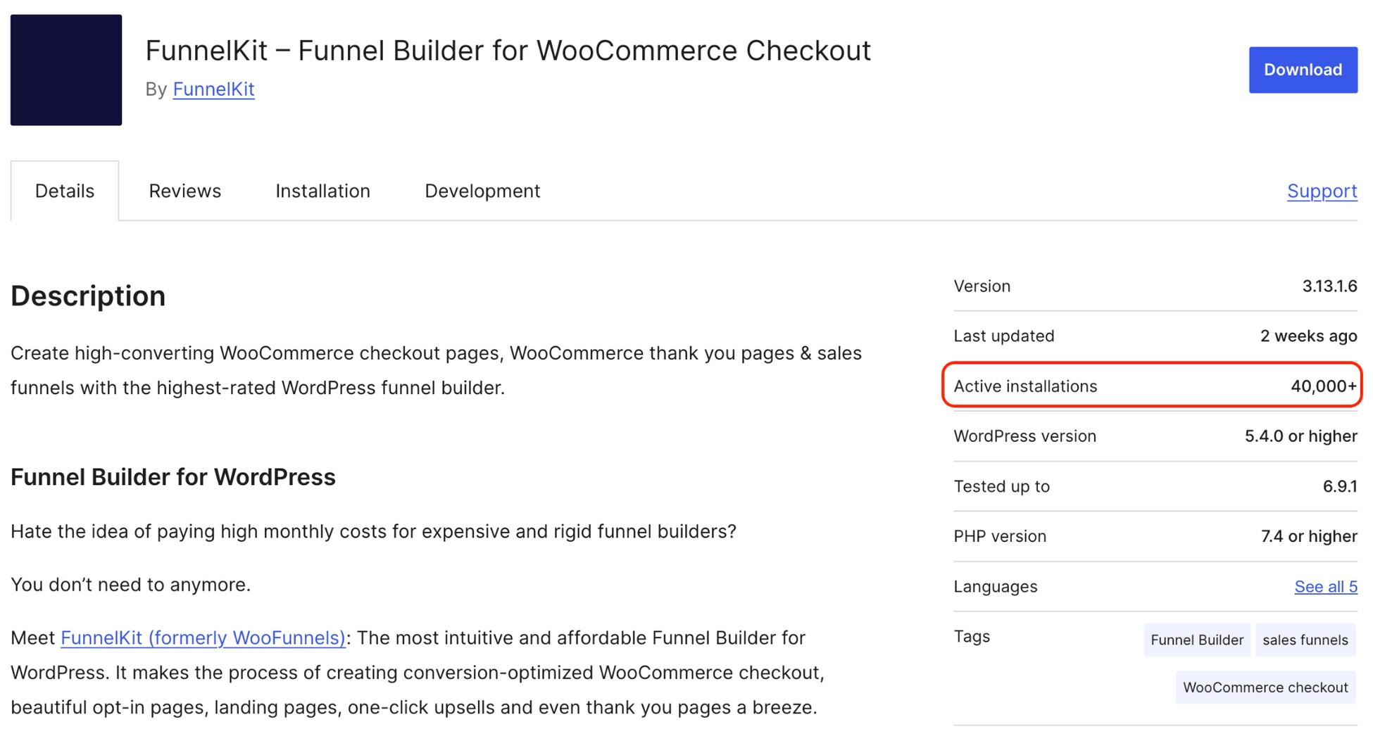FunnelKit vs. CartFlows: Which WooCommerce Funnel Builder Should You Choose in 2026? FunnelKit WordPress.org plugin listing showing 40,000+ active installations with tags for funnel builder, sales funnels, and WooCommerce checkout, formerly known as WooFunnels.