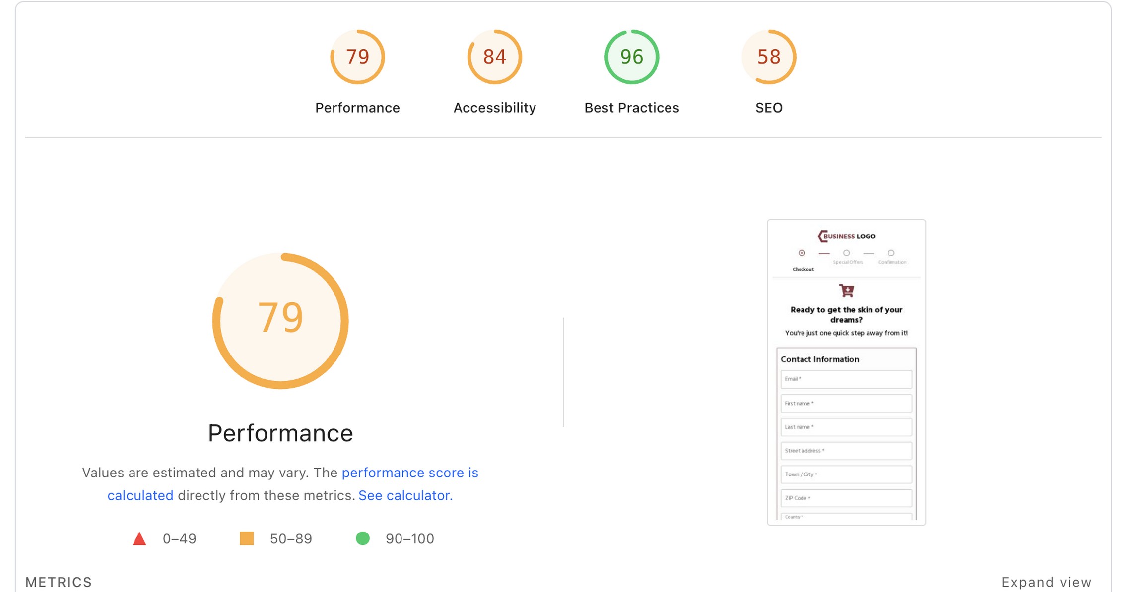 FunnelKit vs. CartFlows: Which WooCommerce Funnel Builder Should You Choose in 2026? Google PageSpeed Insights scores for a FunnelKit checkout page showing 79 Performance, 84 Accessibility, 96 Best Practices, and 58 SEO with a heavier script footprint compared to CartFlows.