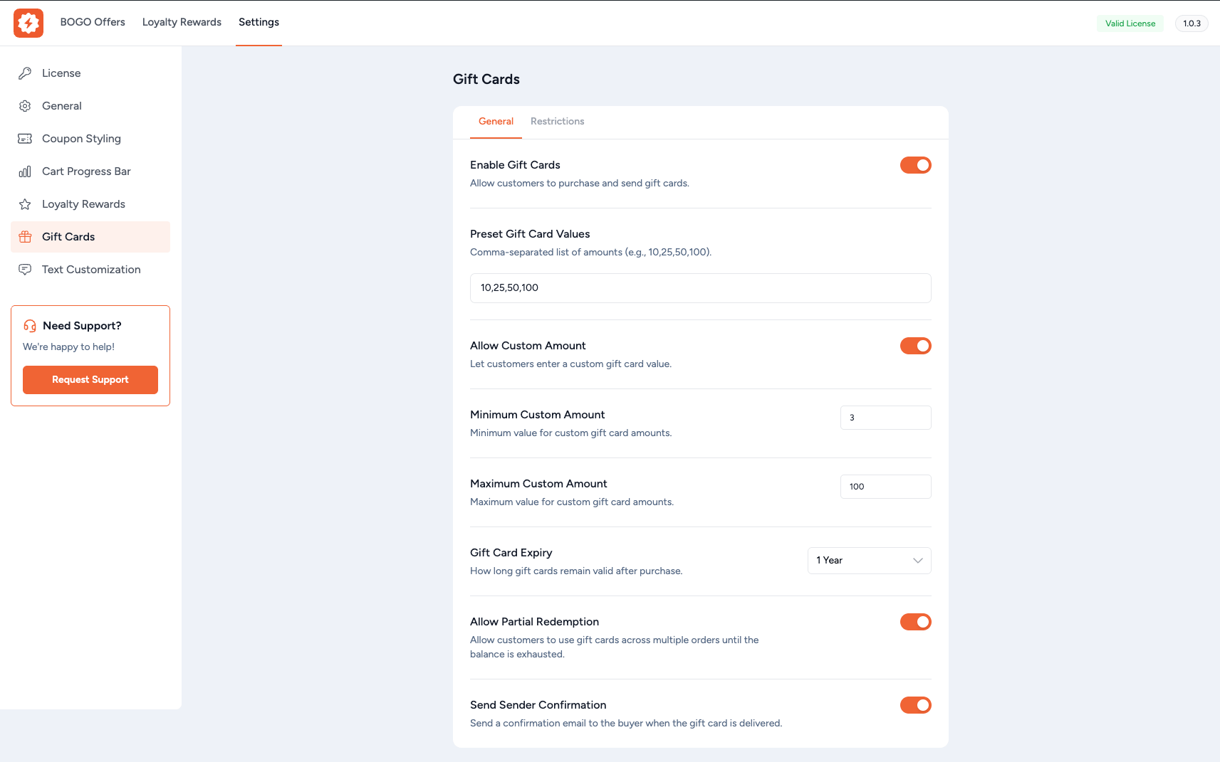 Gift Cards General Settings