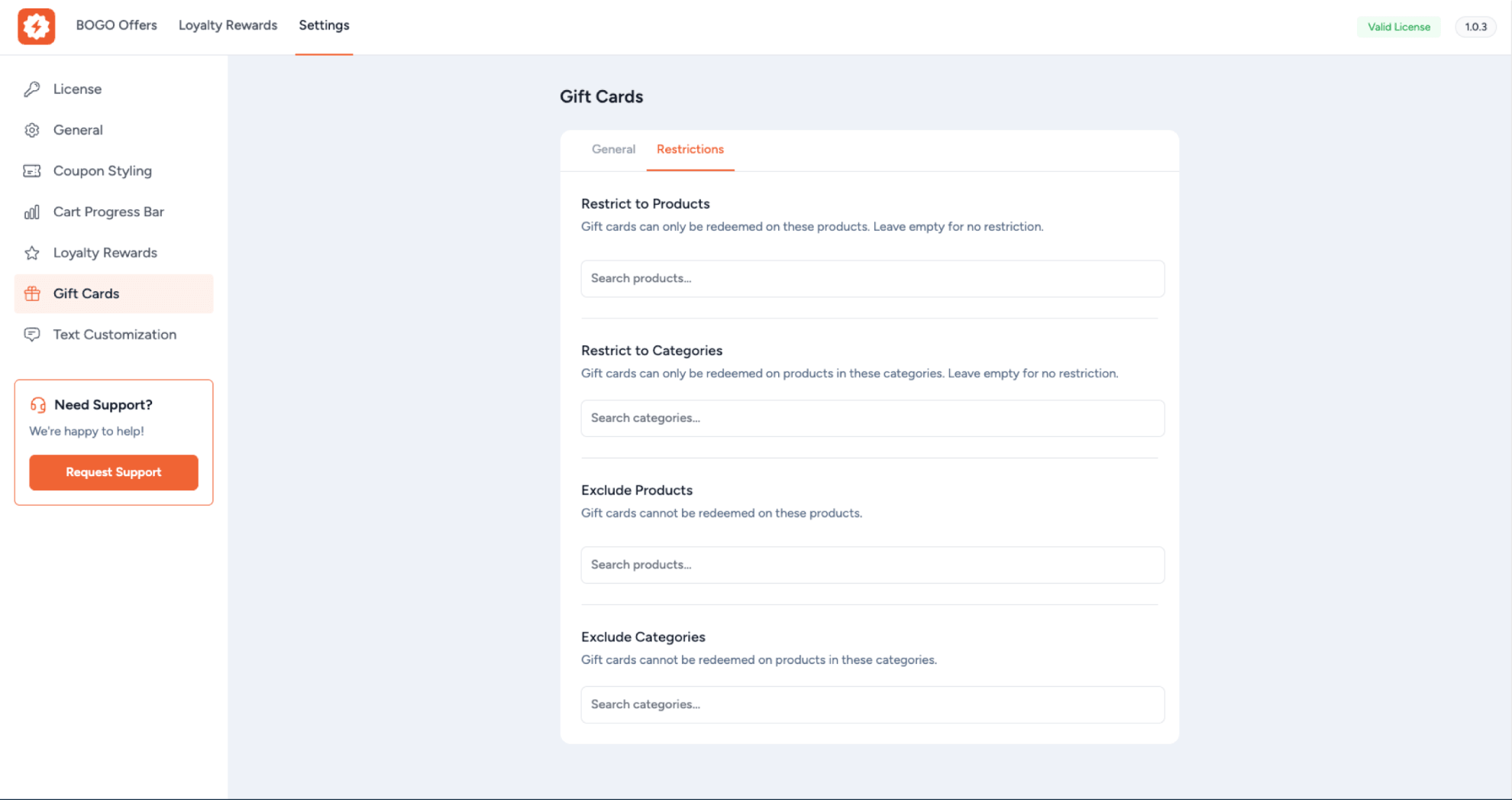 Gift Cards Restrictions Settings