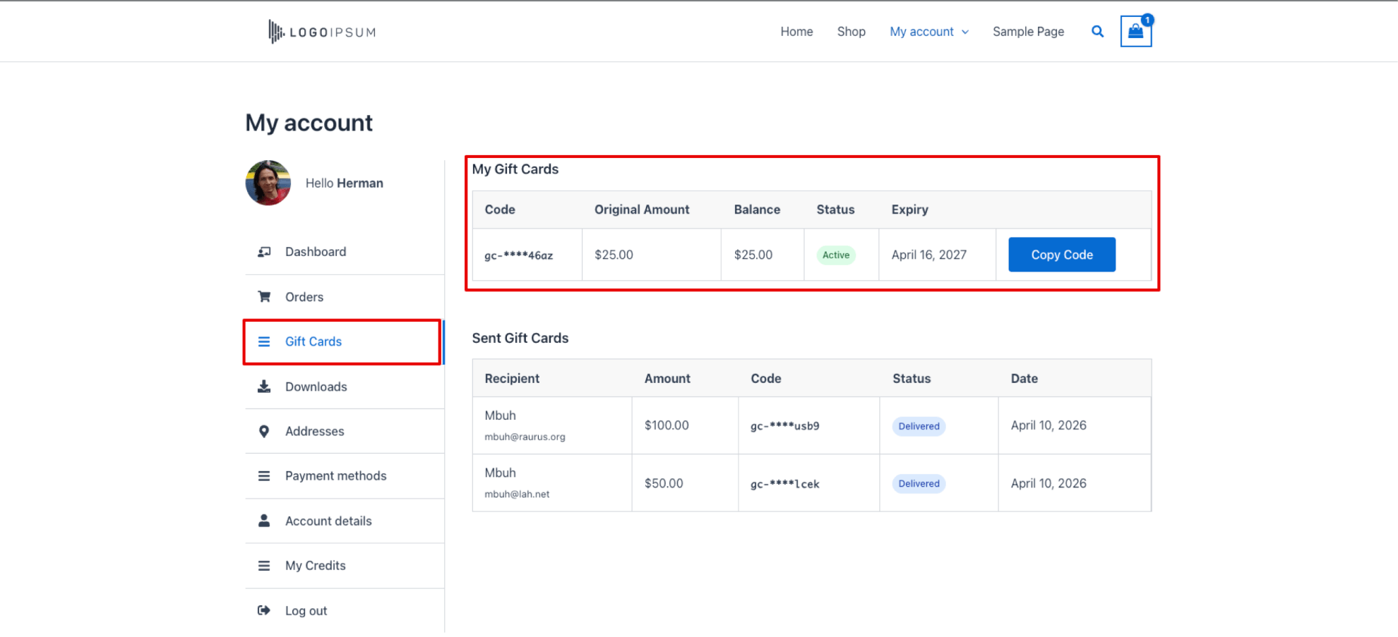 My Gift Cards (Received)