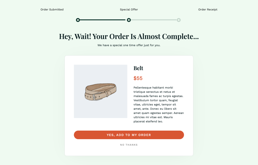 One-click upsell page in CartFlows showing a post-purchase offer for WooCommerce