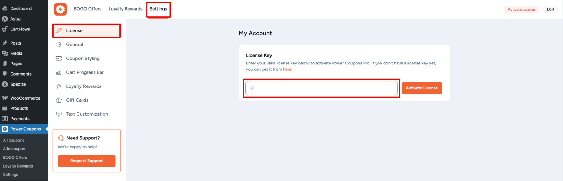 Power Coupons License Field