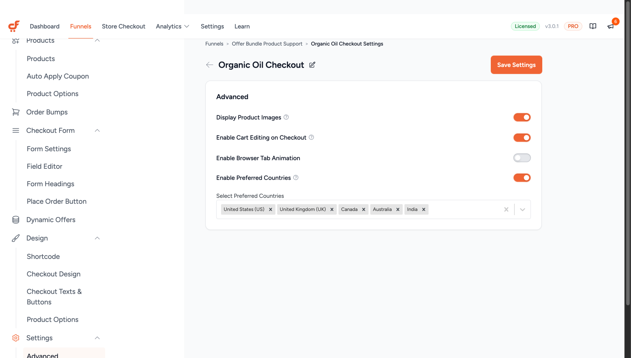 Checkout Settings Advanced tab with Preferred Countries enabled and countries selected