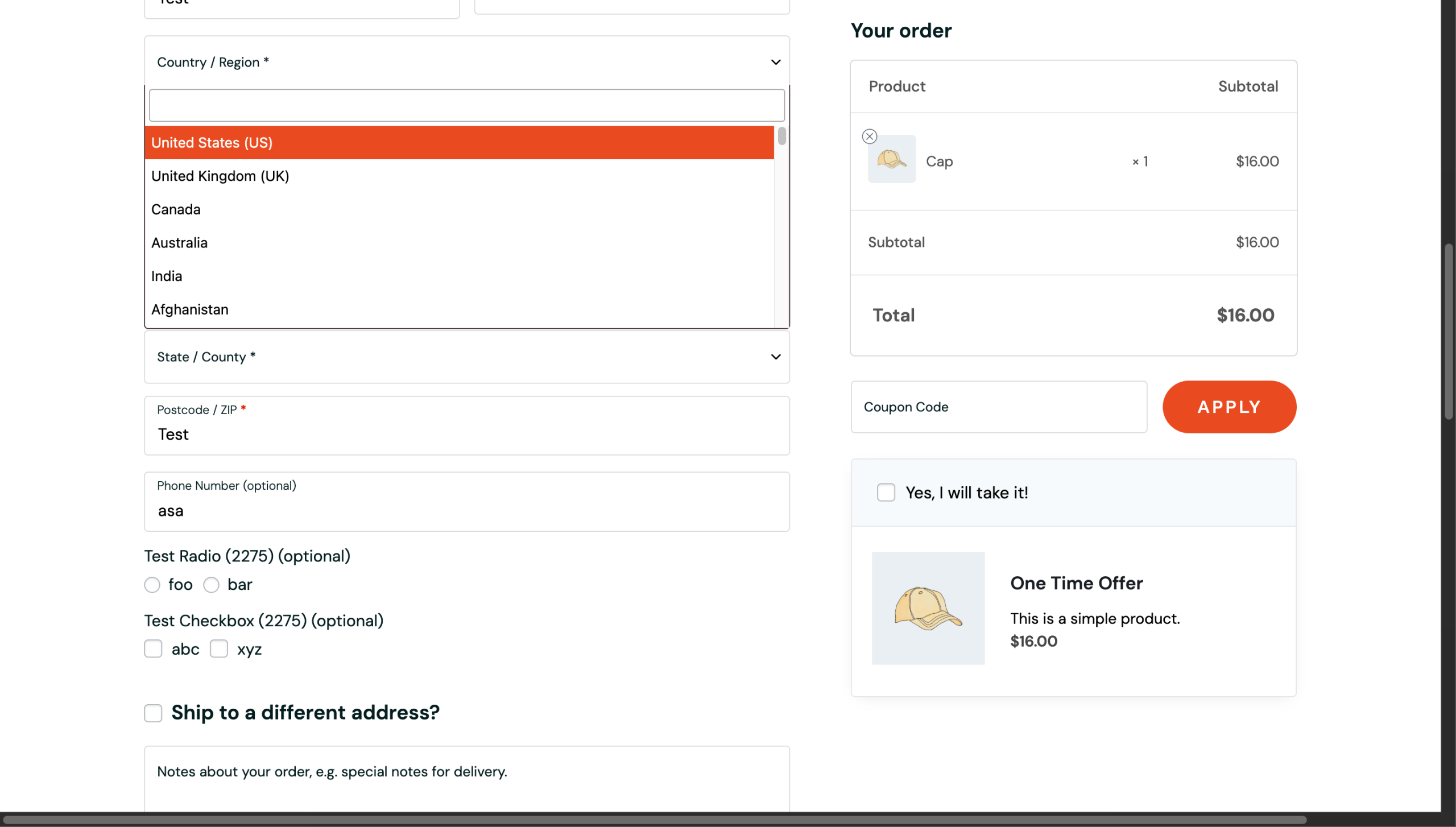 Checkout page country dropdown showing pinned countries at the top