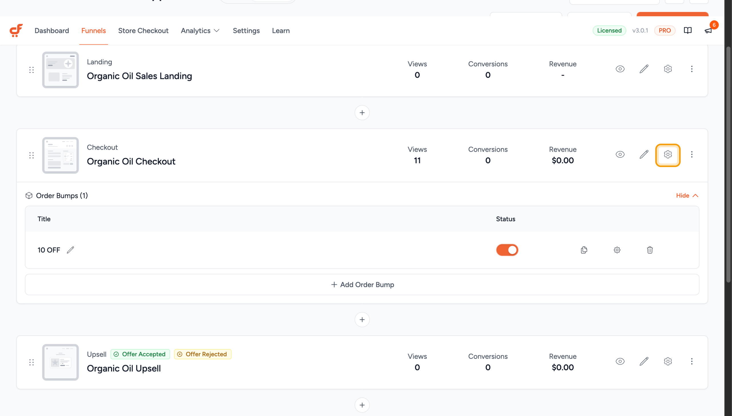 CartFlows funnel overview with Settings highlighted on the Checkout step