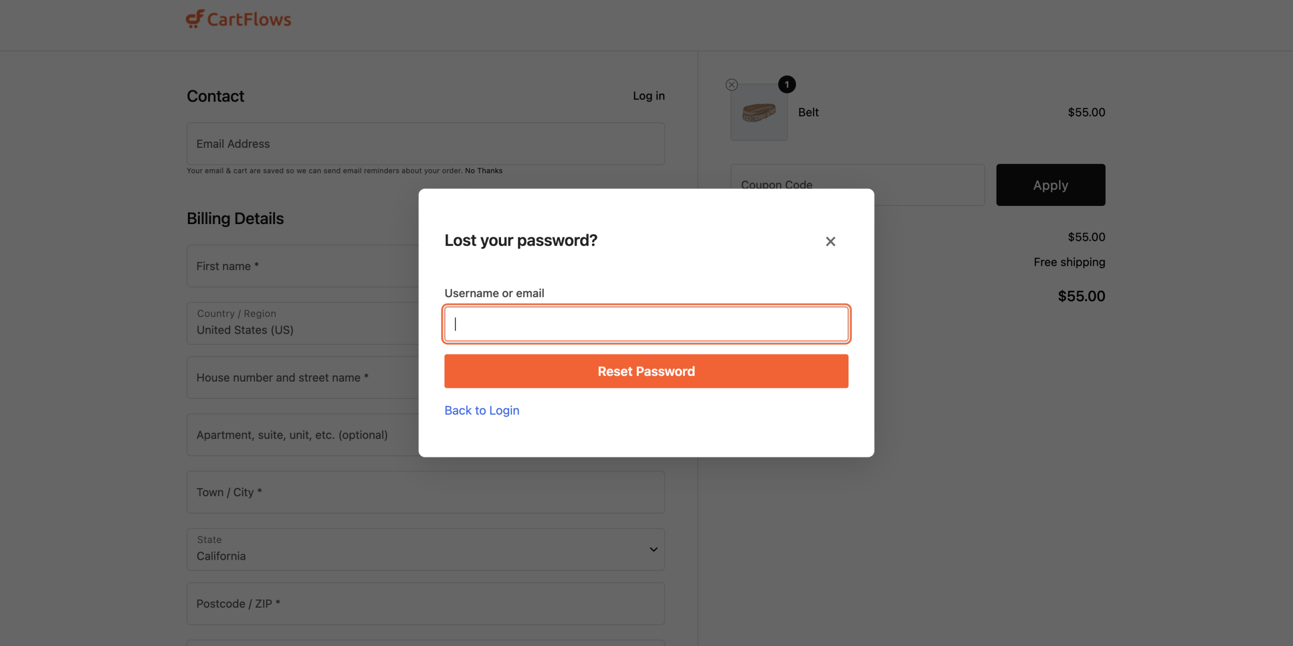 Forgot password view of the Smart Login window