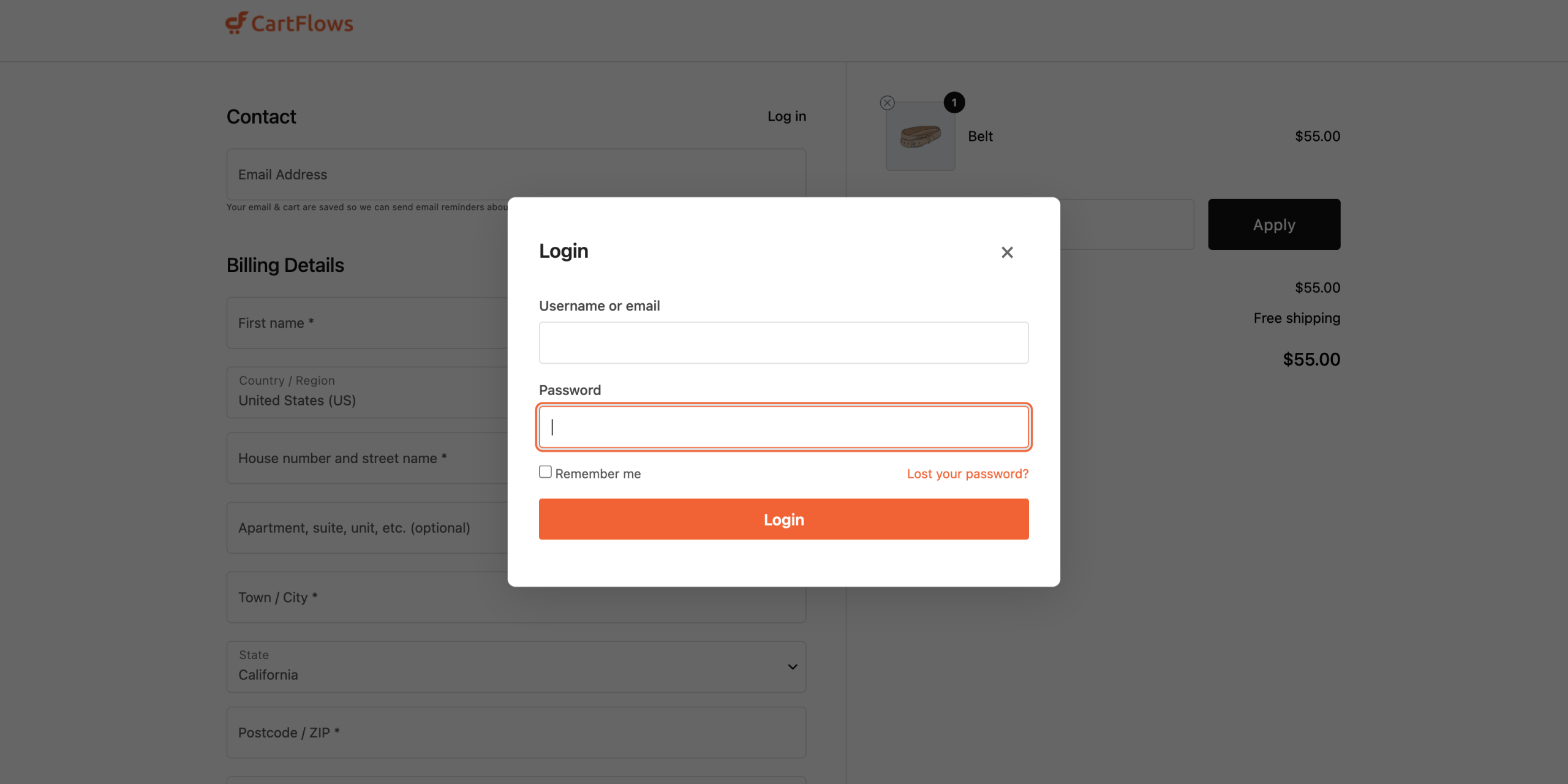 Smart Login window on the checkout page