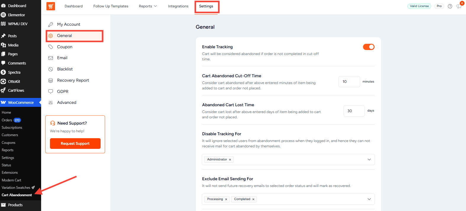cart abandonment recovery general settings