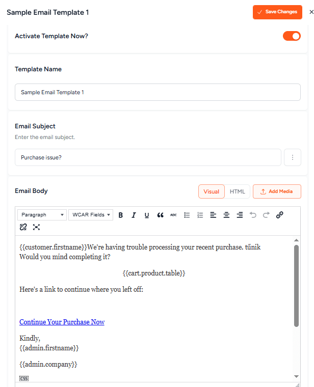 email template fields
