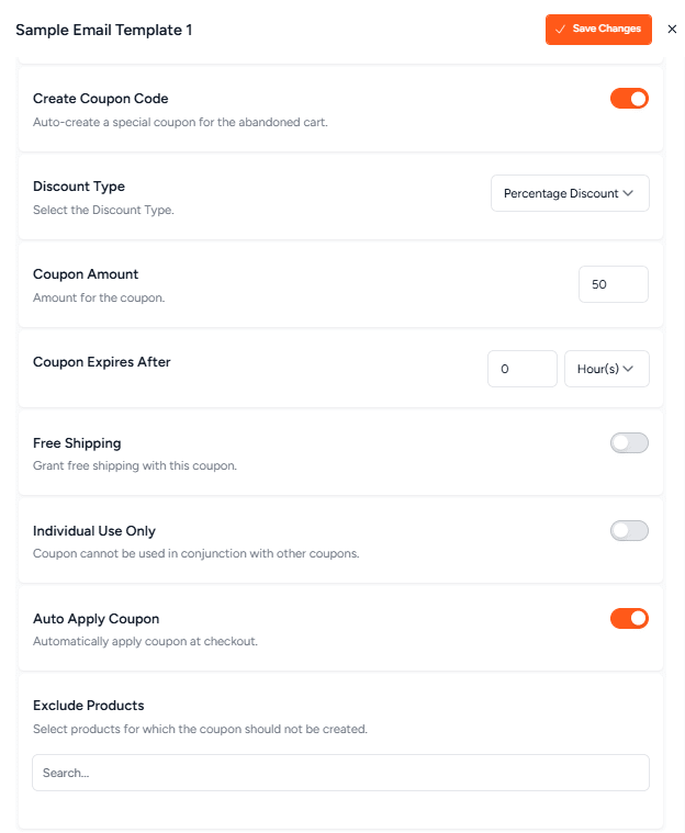 email template coupon settings