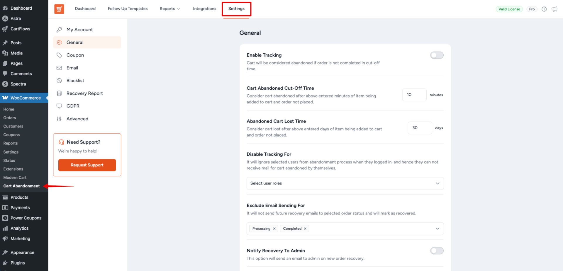Cart Abandonment Recovery Settings