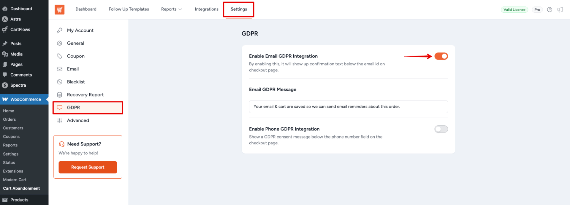 Enable Email GDPR Toggle