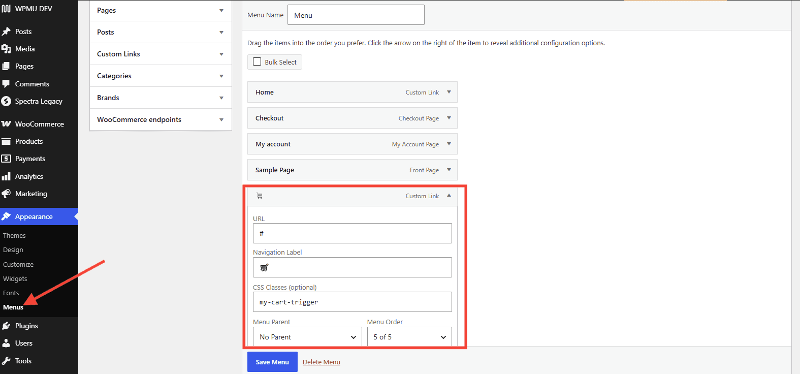 How to Add a Modern Cart Trigger to a WordPress Menu custom menu item + use custom trigger