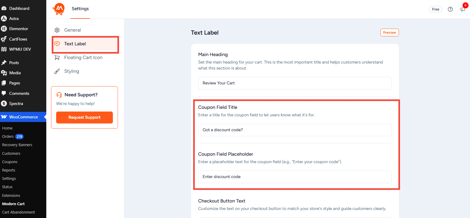 modern cart coupon field text labels