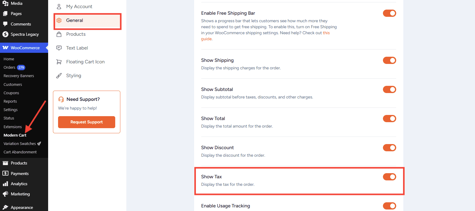 show tax toggle settings