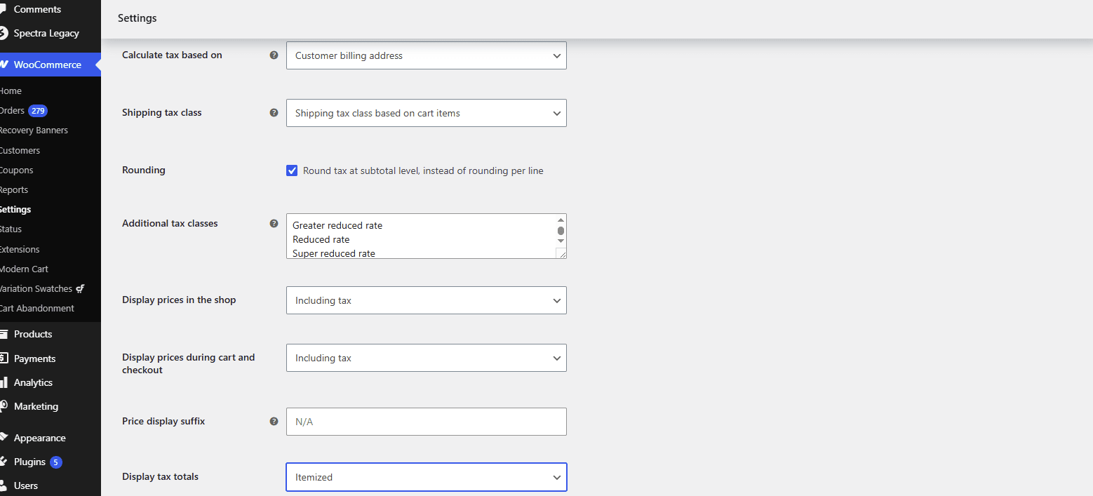 woocommerce tax settings