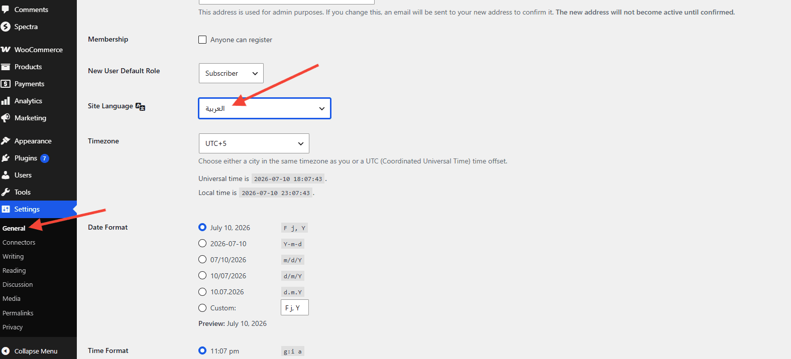 wordpress site language settings