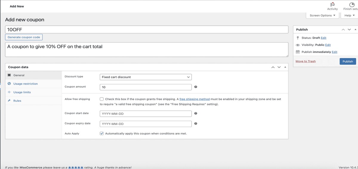 The Power Coupons "Create Coupon" screen with the auto-apply toggle enabled and a cart-condition rule visible 
