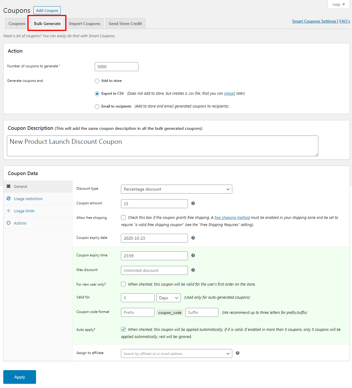 The StoreApps Smart Coupons bulk generation or CSV import screen, showing the import field and generated coupon table.