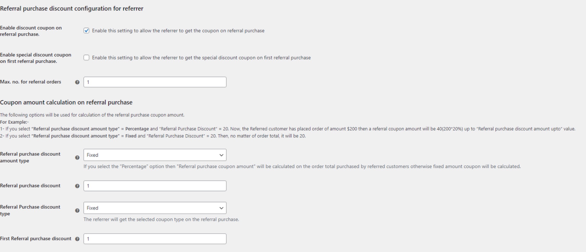 Coupon Referral Program settings showing reward-type options (coupon, points, free product)