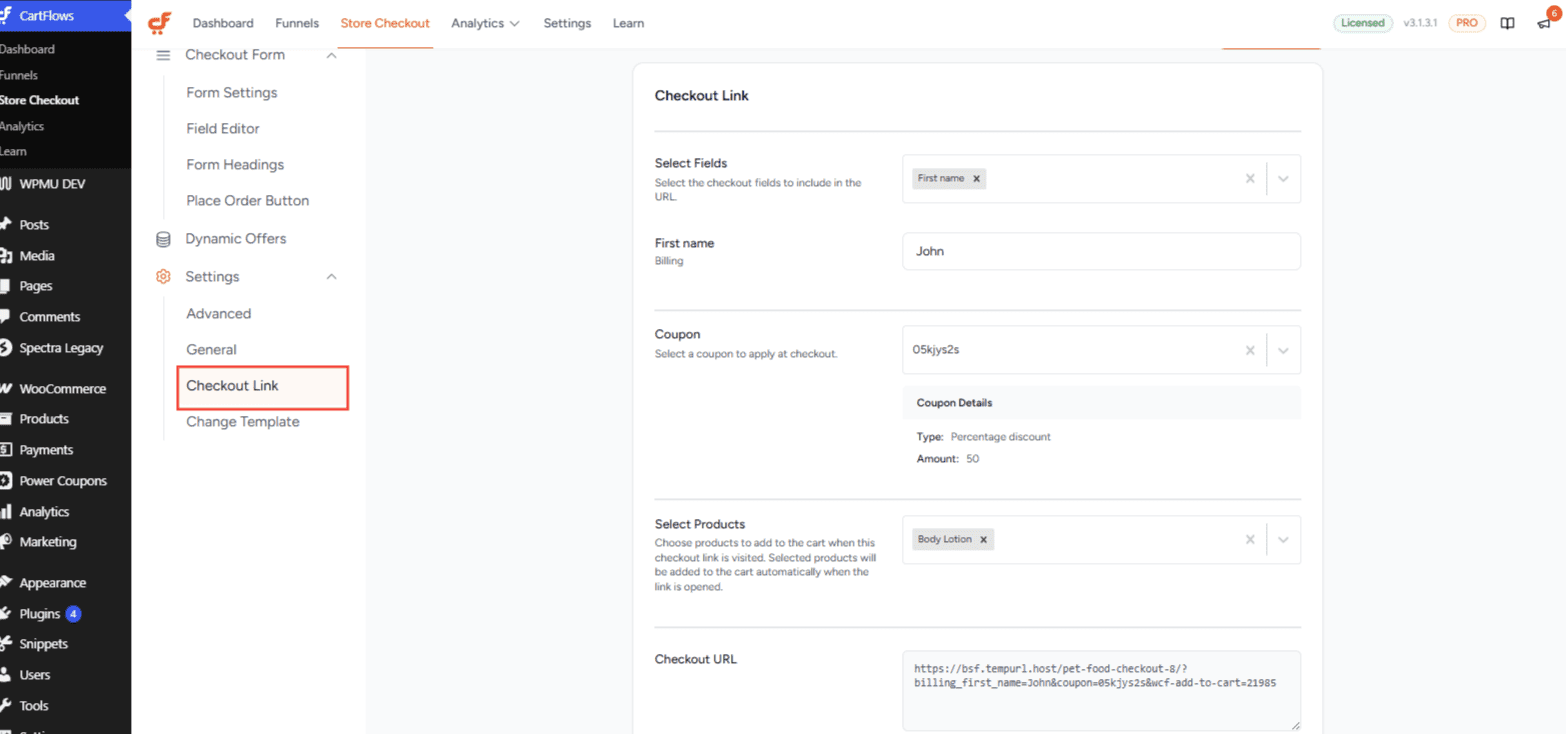 cartflows checkout link genrator