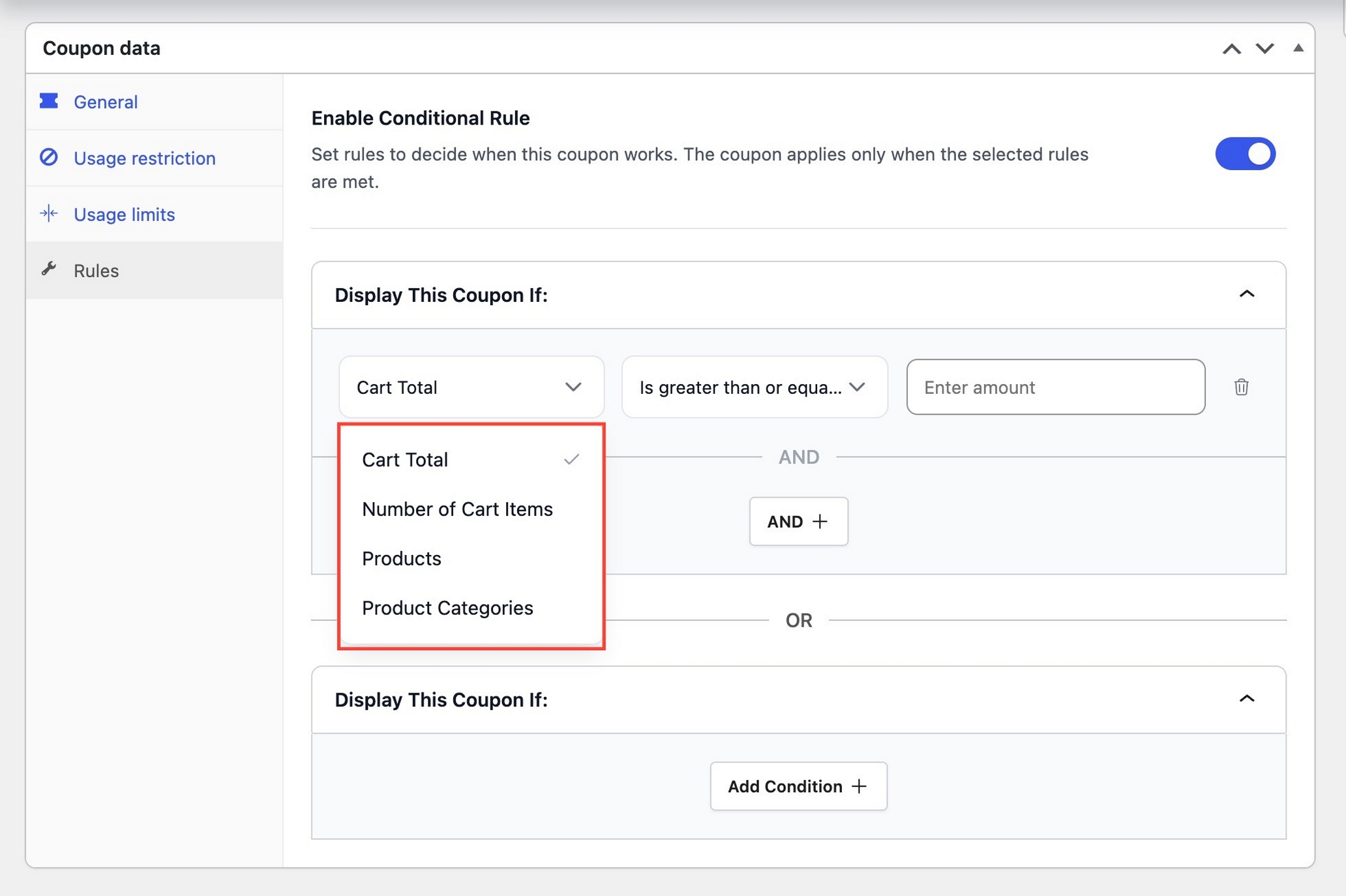 Applying a cart condition to a Power Coupons rule