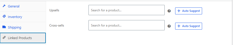 The Linked Products tab showing an Auto Suggest button beside the Upsells and Cross-sells fields