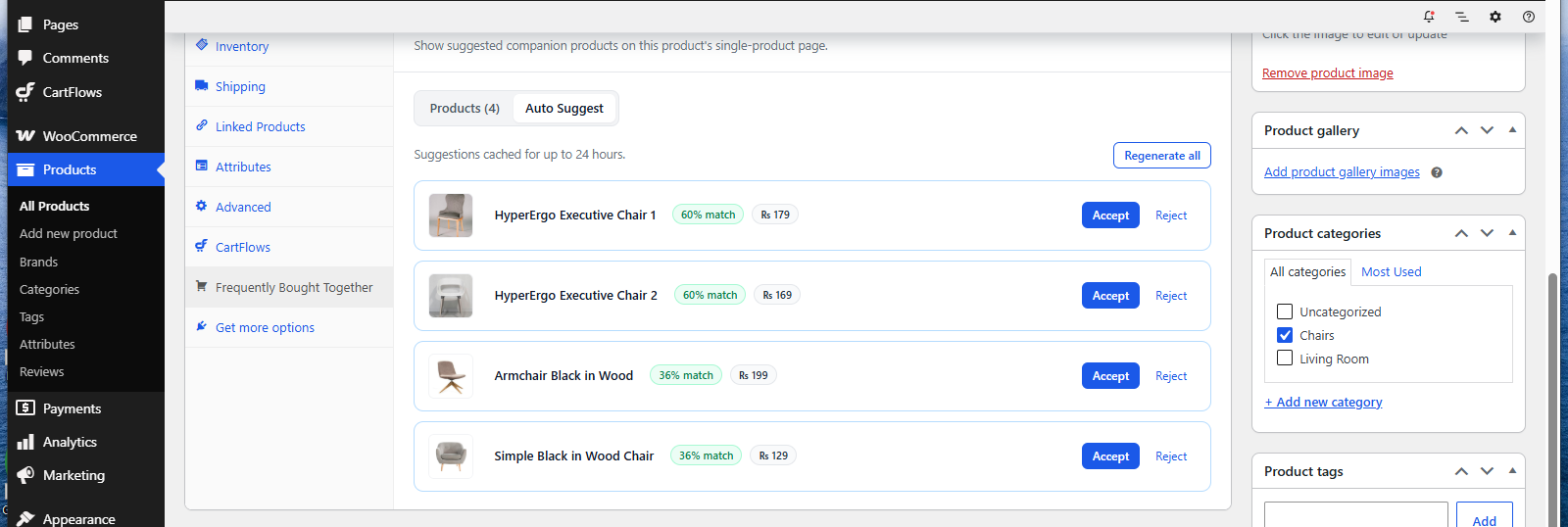 The Auto Suggest tab listing suggested products with their match percentages and prices