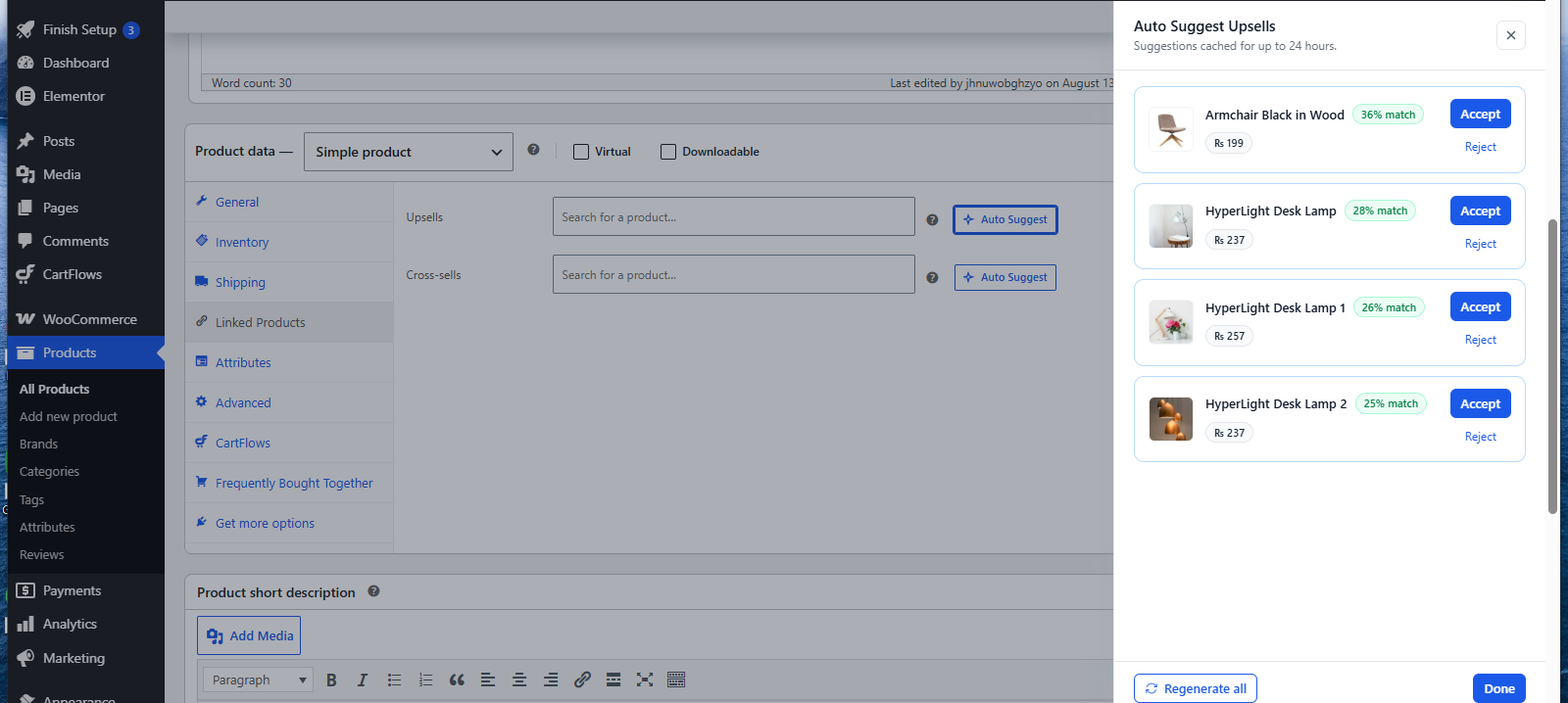 The Auto Suggest panel for Upsells, listing suggestions all priced above the product being edited