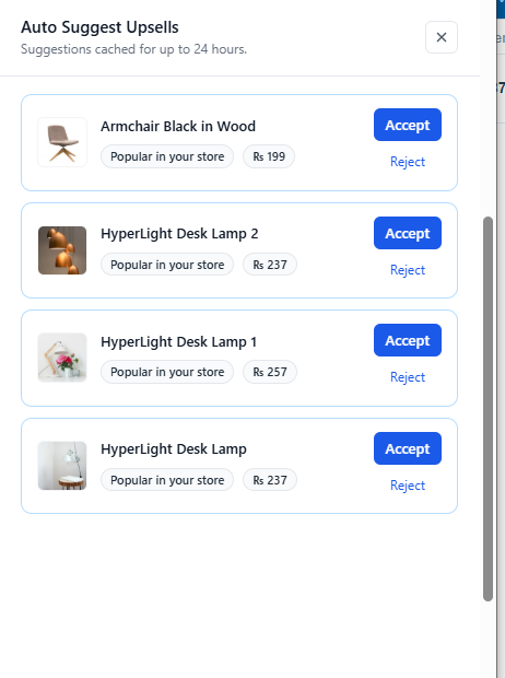 The Auto Suggest Upsells panel listing suggested products with Accept and Reject actions