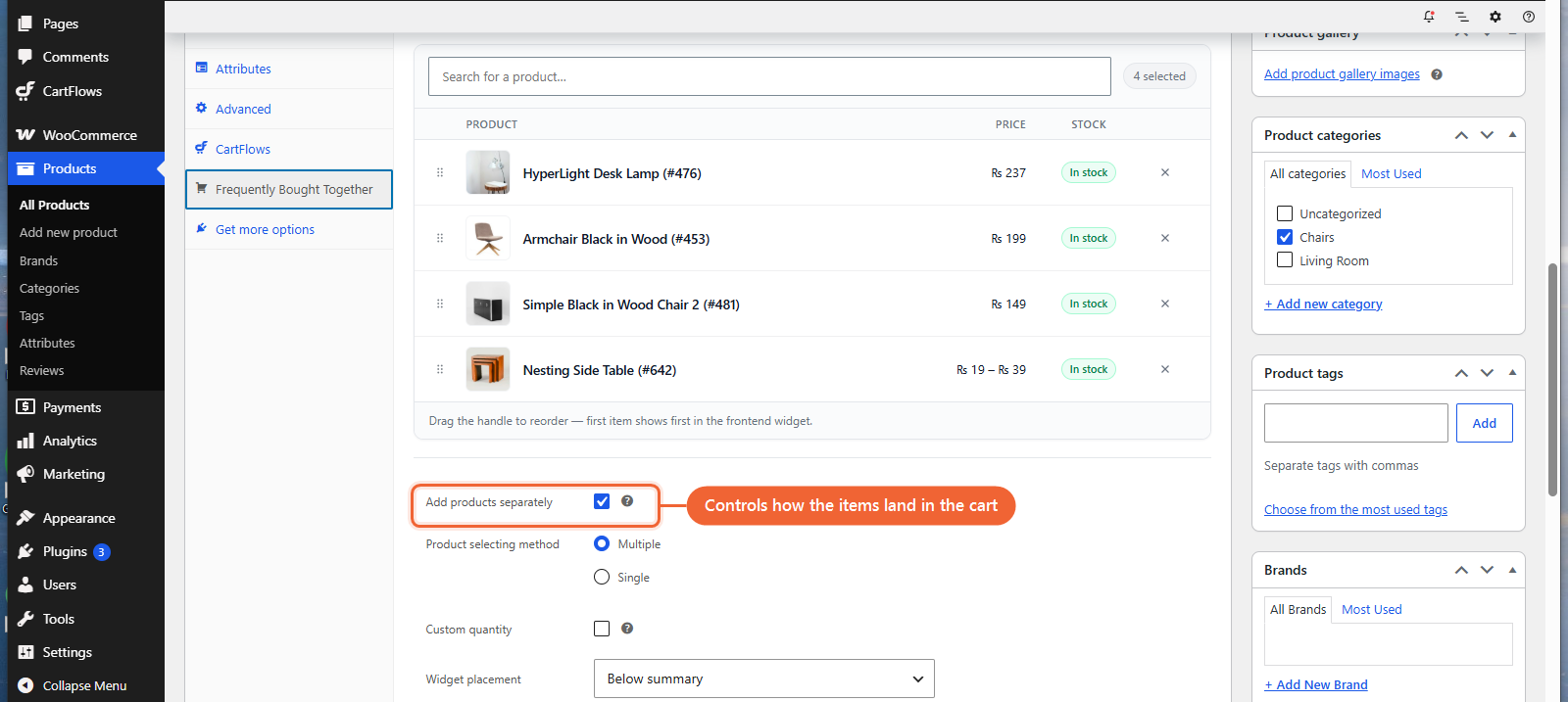 The Add products separately setting in the Frequently Bought Together panel