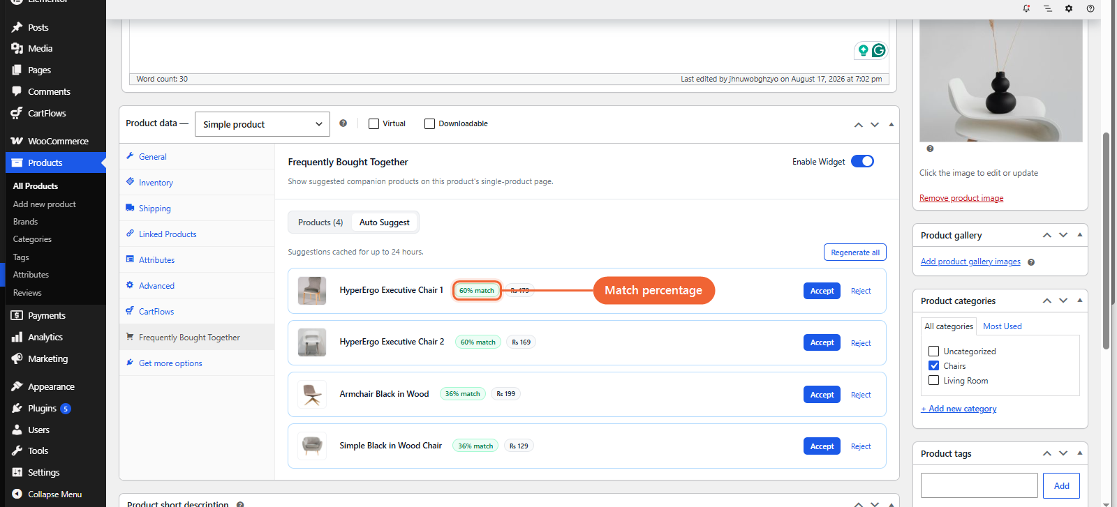 Auto Suggest results listing suggested products with badges, prices, and Accept and Reject actions