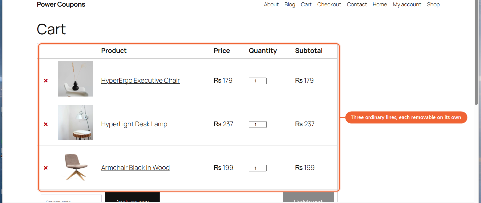 The cart showing each selected product as its own separate line