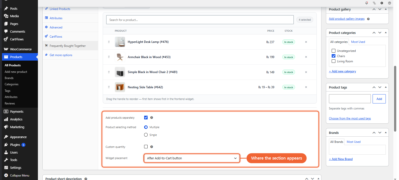 Frequently Bought Together settings: Add products separately, Product selecting method, Custom quantity and Widget placement