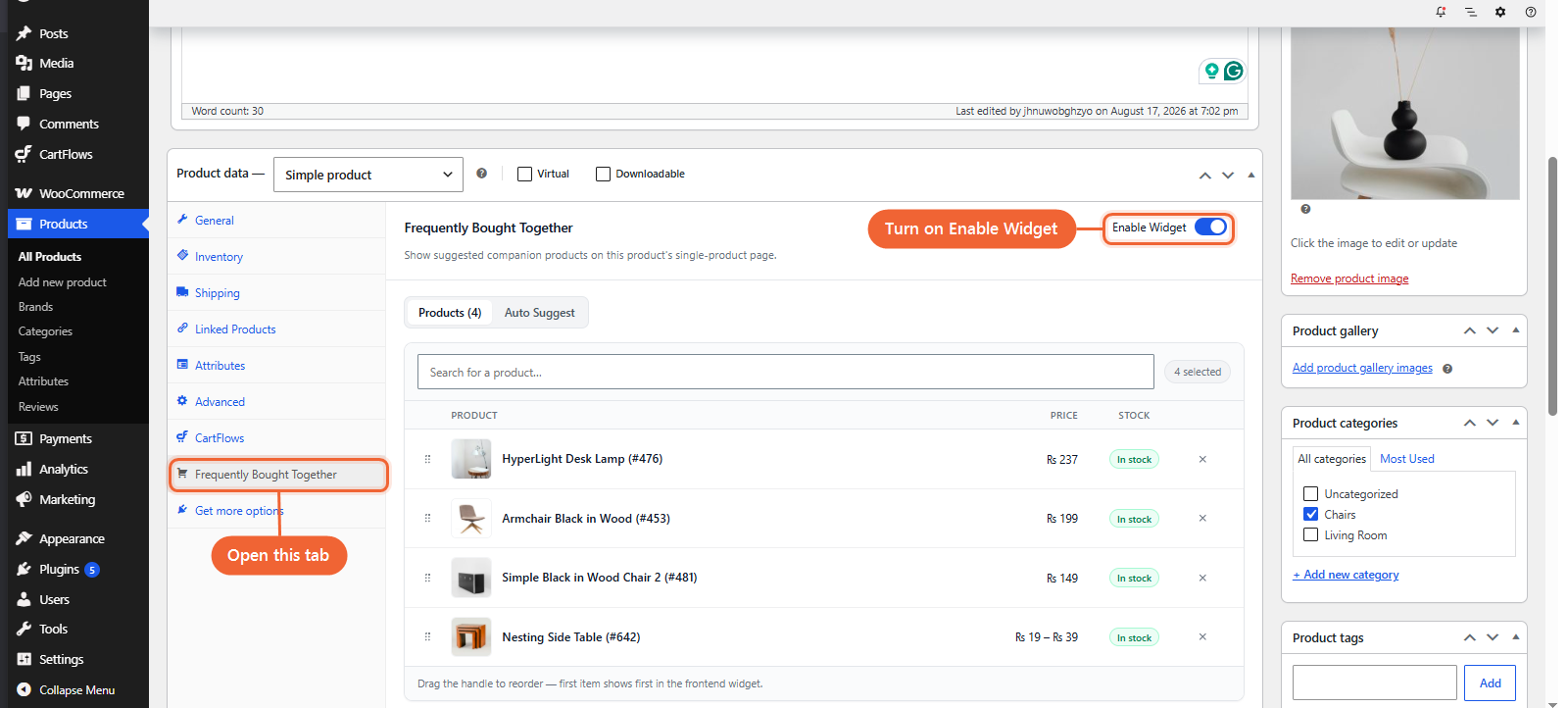 The Frequently Bought Together tab in the WooCommerce Product data box, showing the Enable Widget toggle and three selected companion products