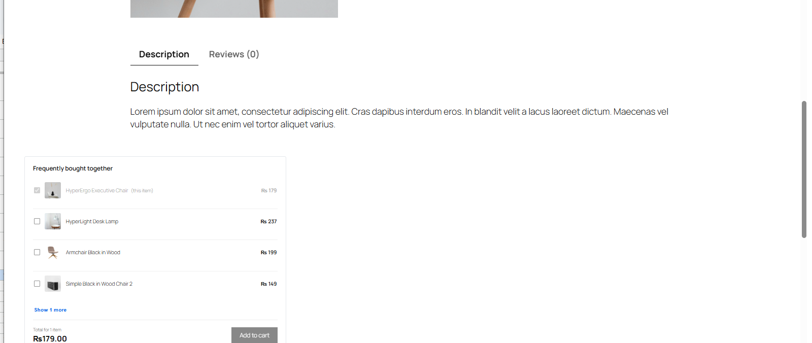 Widget Placement Options for Frequently Bought Together The Frequently Bought Together section lower down the page, below the product summary and description