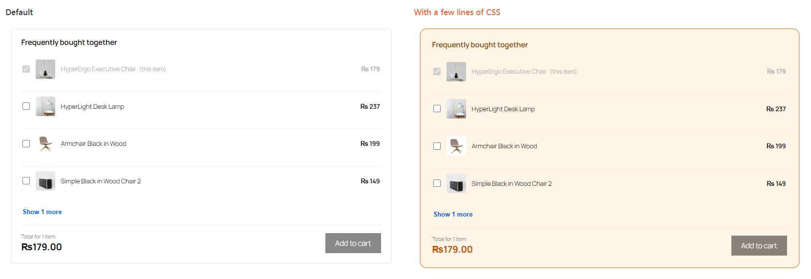 The section shown with its default styling next to the same section after the custom CSS