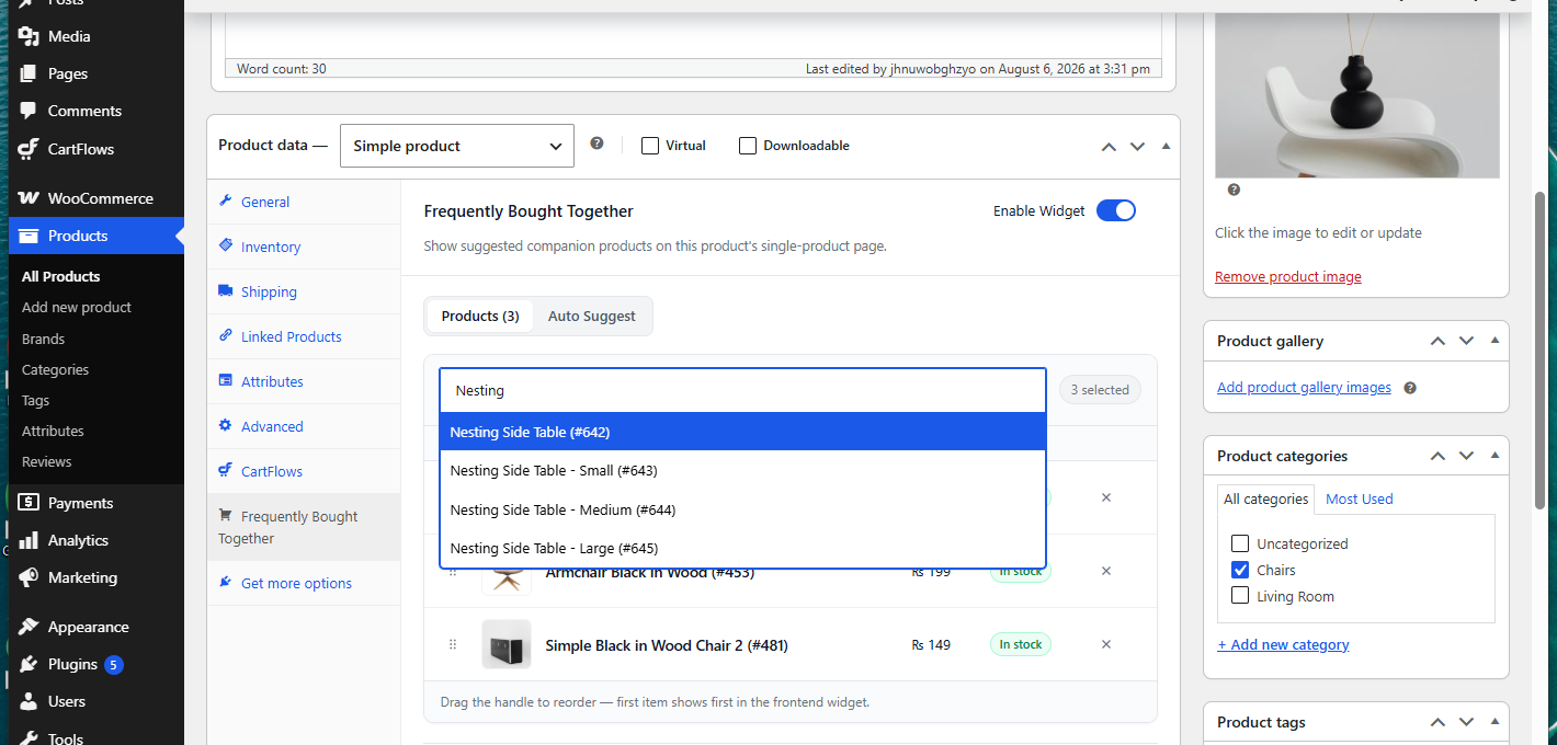 The product search listing a parent product and each of its variations as separate results