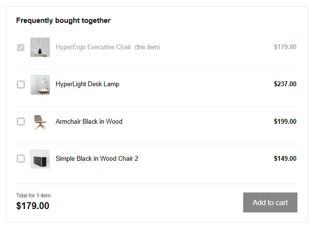The Frequently bought together section on a product page, with the main product marked as this item and companion products below it