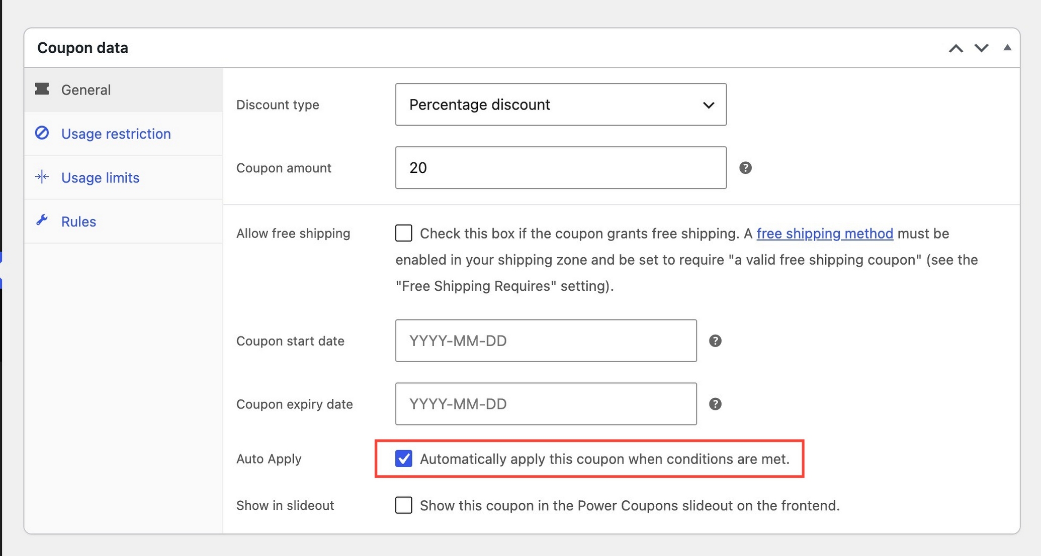 Enabling the auto-apply setting on a Power Coupons rule