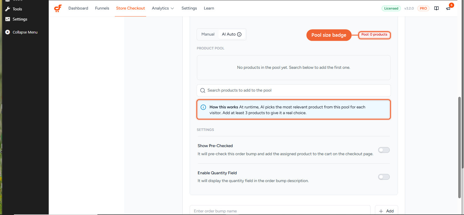 The AI Auto product pool, with the pool size badge and an explanation of how AI picks between pool products