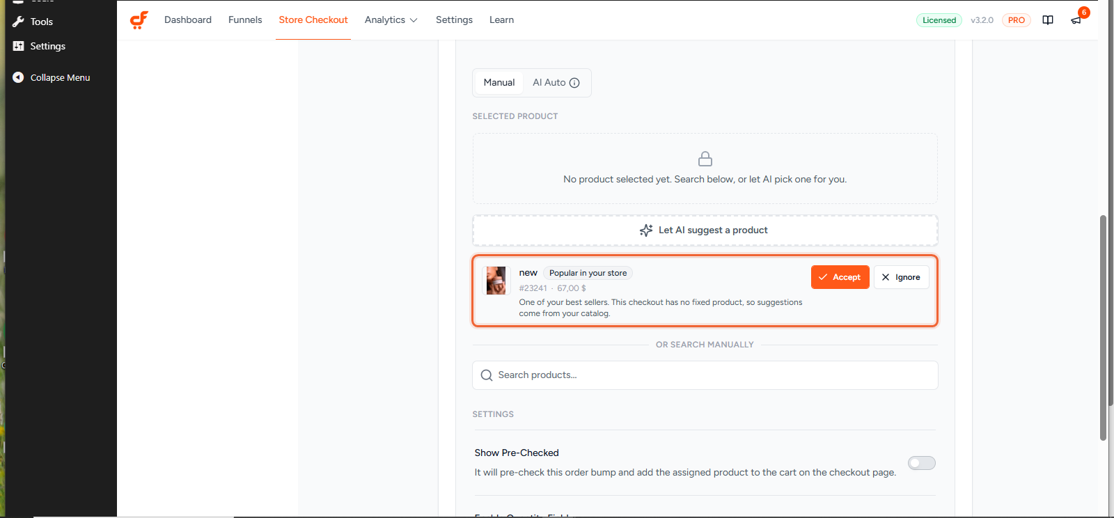 An AI product recommendation with its relevance badge, reason, and Accept / Ignore buttons