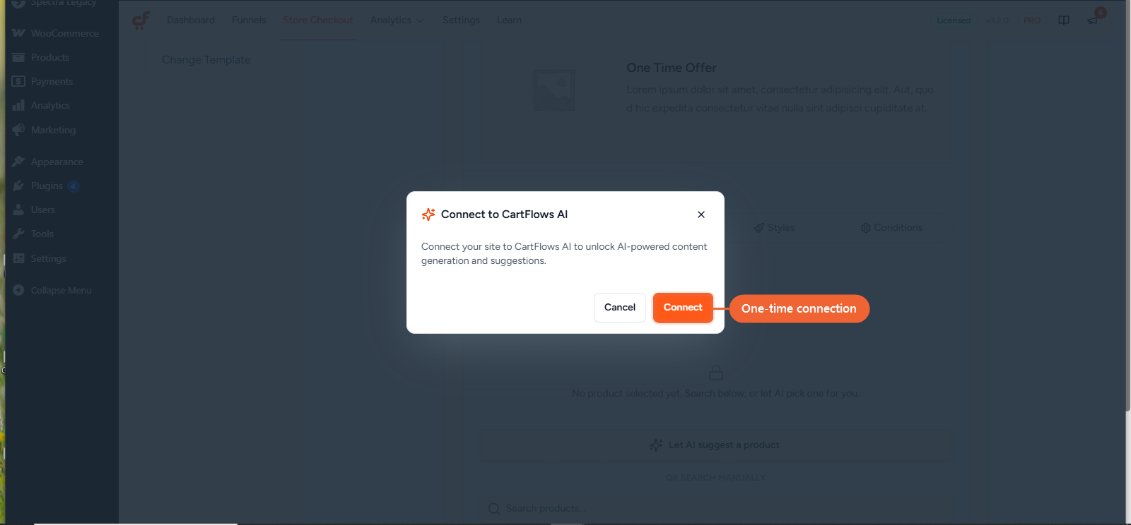 The Connect to CartFlows AI prompt, shown the first time you use any AI tool