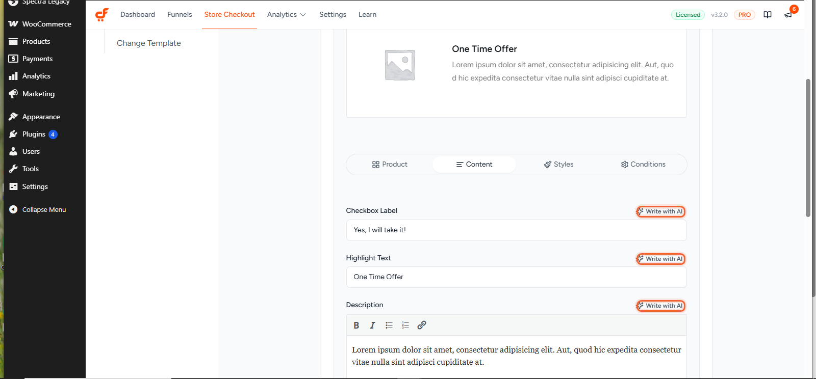 The Content tab, with Write with AI next to the Checkbox Label, Highlight Text, and Description fields