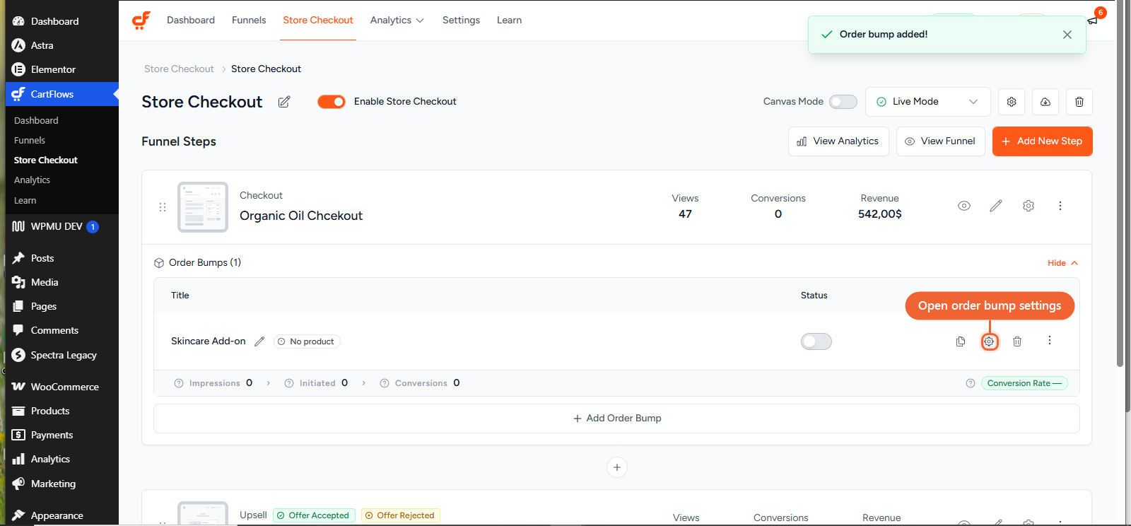 Opening an order bump's settings from the Order Bumps list