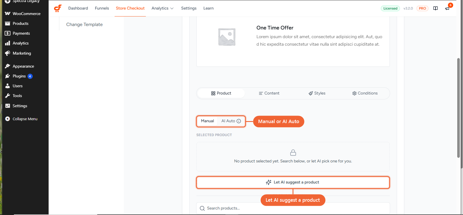 The Product tab of an order bump's settings, showing the Manual and AI Auto toggle