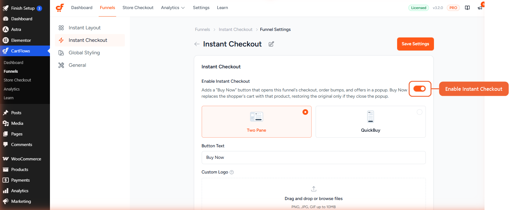 The Instant Checkout tab in Funnel Settings, showing the Enable Instant Checkout toggle, Popup Layout picker, Button Text field, Custom Logo uploader, and Design section