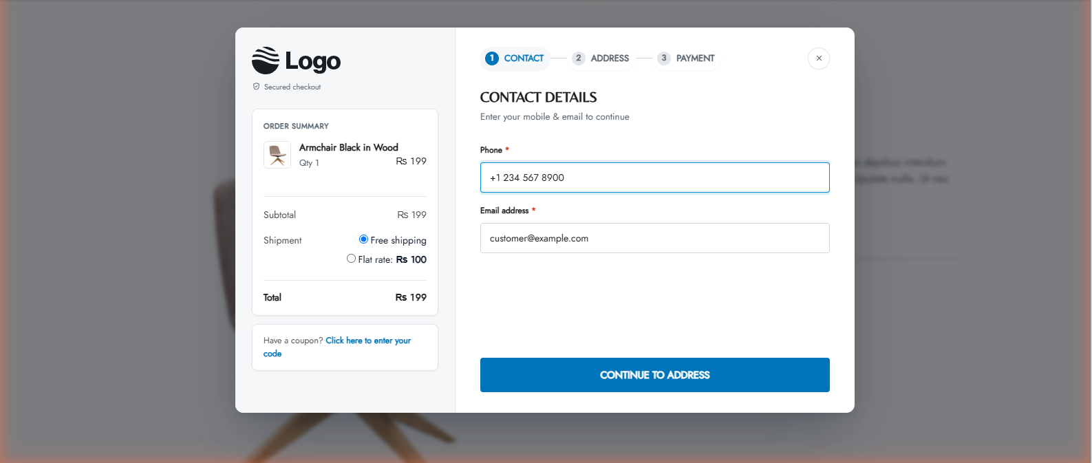 The Instant Checkout popup open on a product page, showing the contact step with the order summary