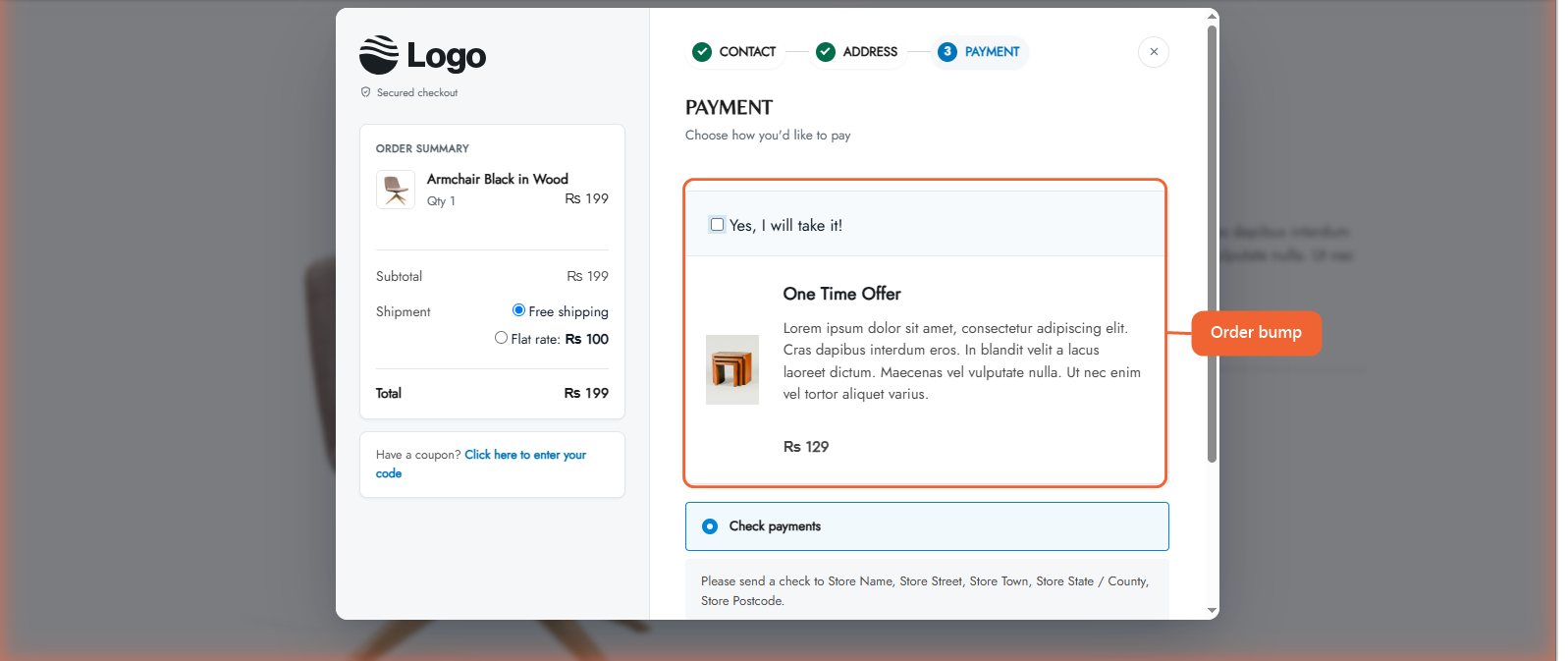 An order bump inside the Instant Checkout popup